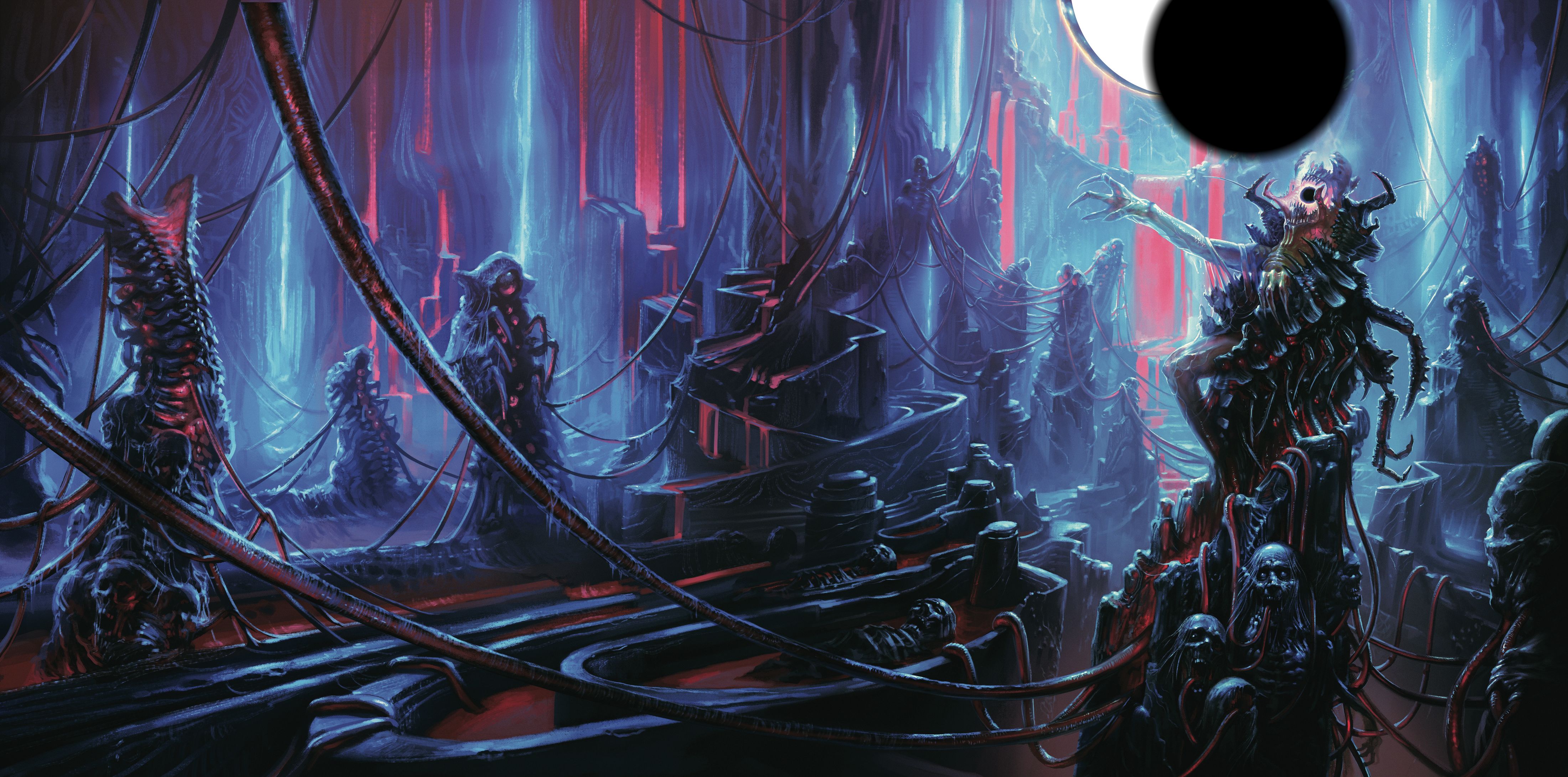 Abysmal Dawn — the Phylogenesis illustration: a horned creature reaching into a dark maw amid red-lit cathedral ruins.